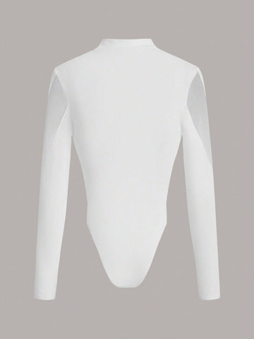 Mesh Splice Stand Collar Bodysuit