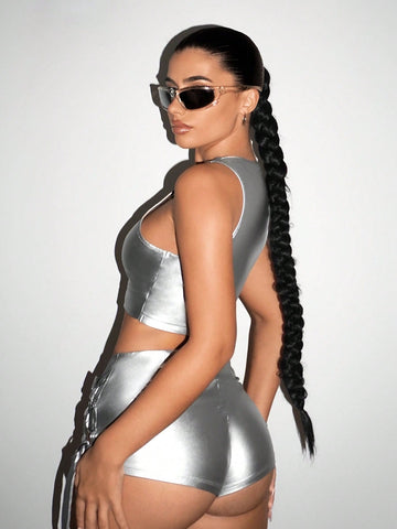 Metallic Hollow Out Bodycon Suit