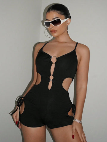 Metallic Hollowed Ring Drawstring Short Jumpsuit