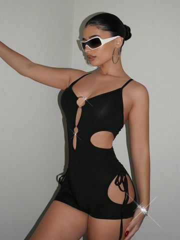 Metallic Hollowed Ring Drawstring Short Jumpsuit