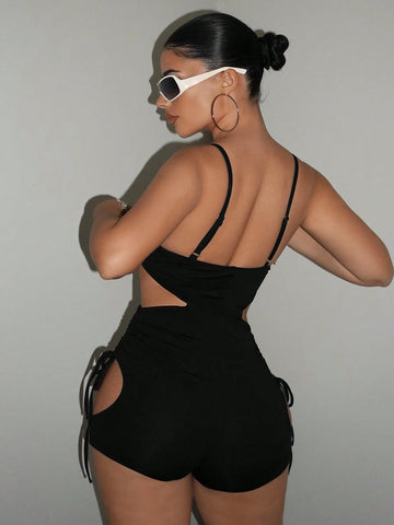 Metallic Hollowed Ring Drawstring Short Jumpsuit