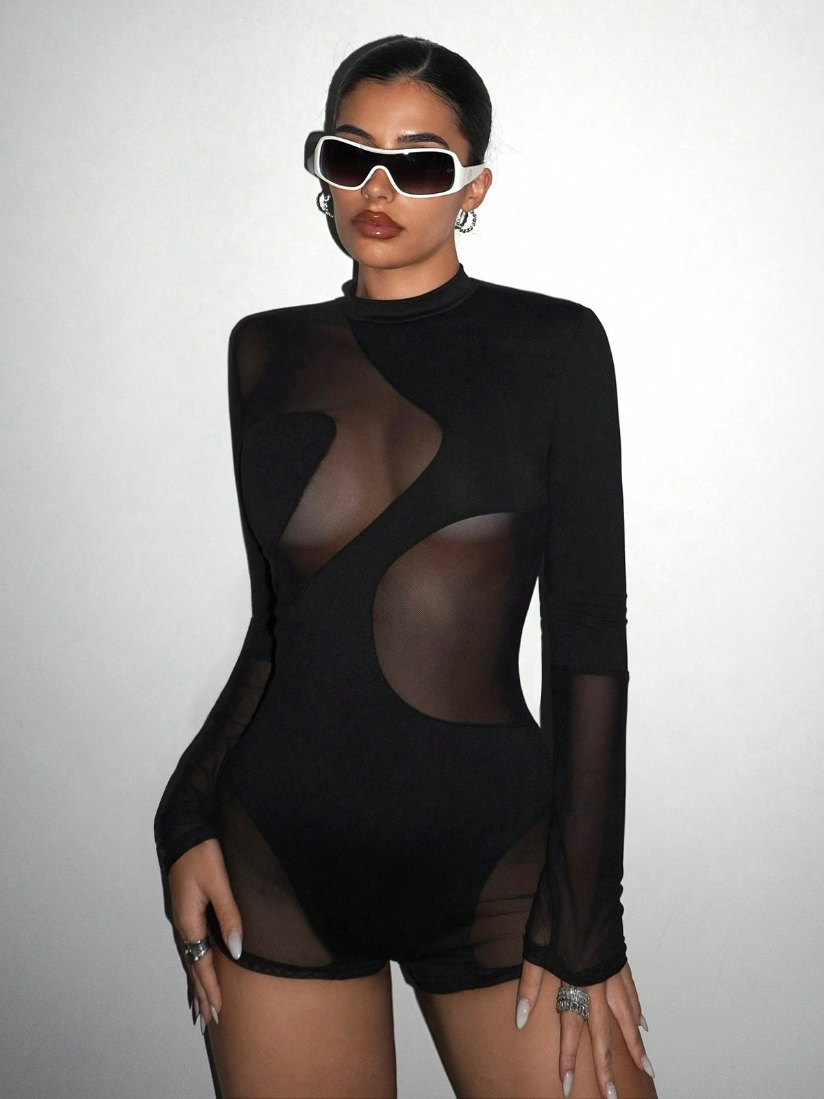 Mock Neck Mesh Unitard Romper