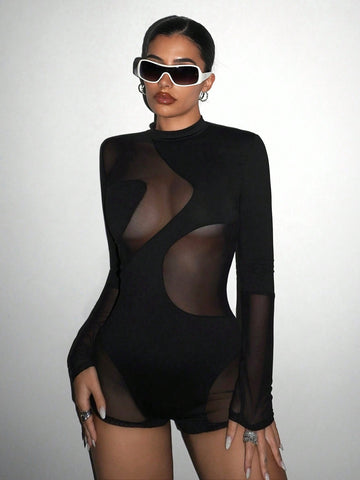 Mock Neck Mesh Unitard Romper