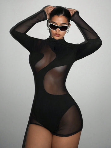 Mock Neck Mesh Unitard Romper