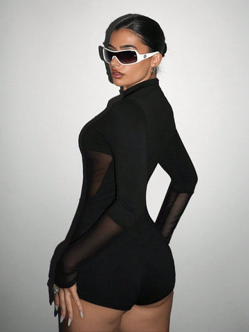 Mock Neck Mesh Unitard Romper