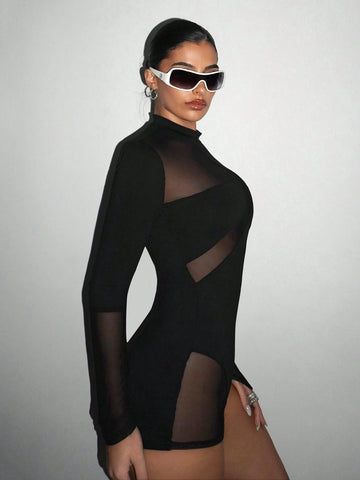 Mock Neck Mesh Unitard Romper