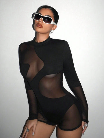 Mock Neck Mesh Unitard Romper