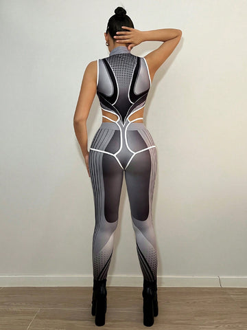 Motorcycle Style Printed Jumpsuit & Leggings Set