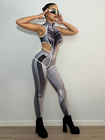 Motorcycle Style Printed Jumpsuit & Leggings Set