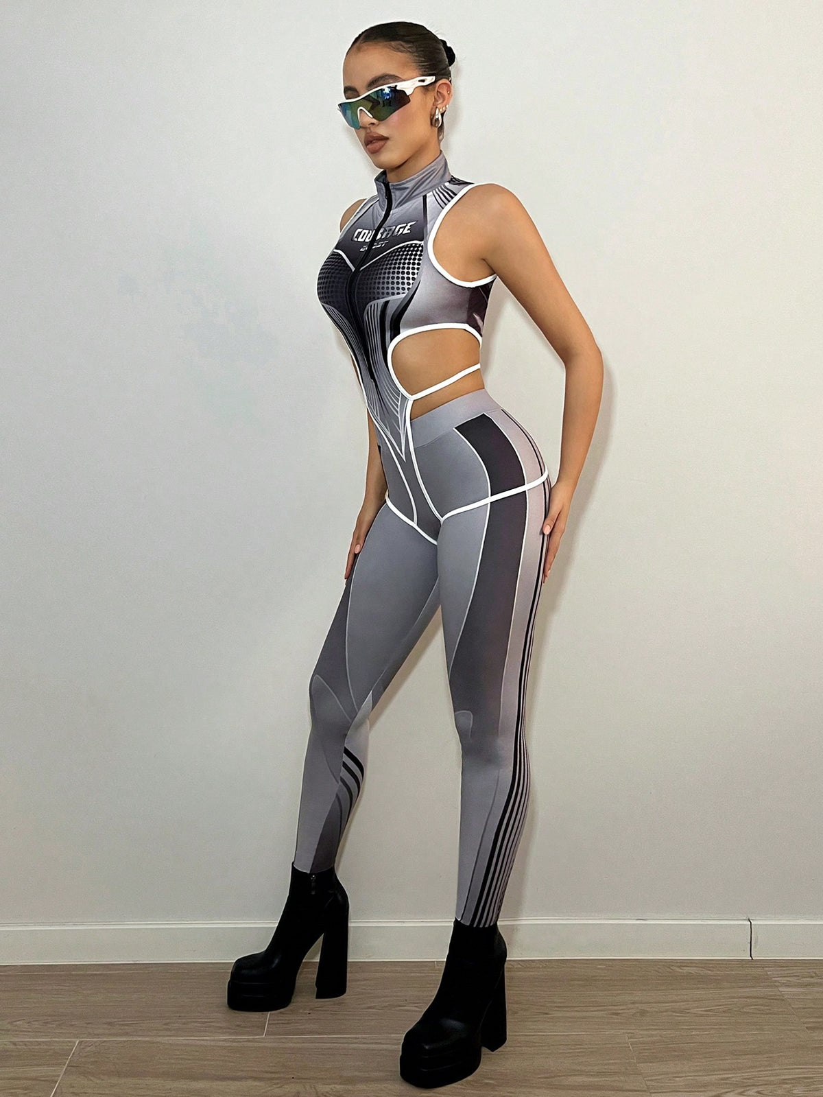 Motorcycle Style Printed Jumpsuit & Leggings Set