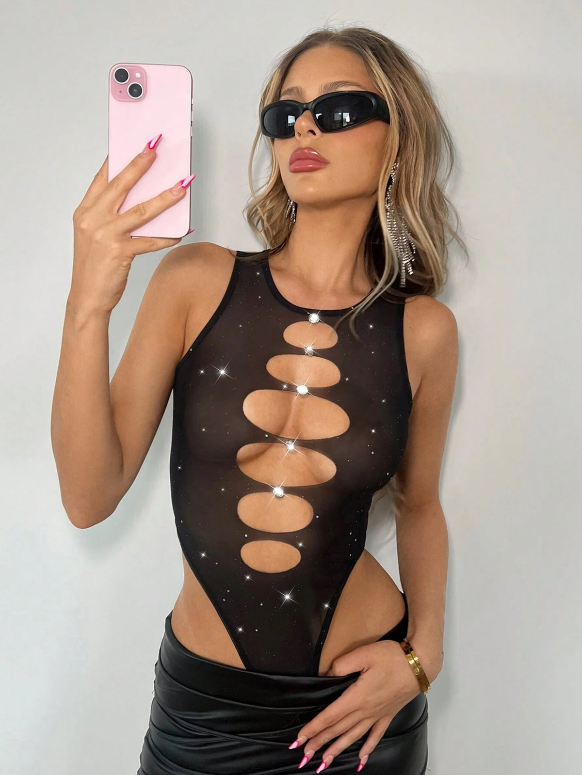 Music Festival Outfits Spring Summer Outfits Women's Mesh Sequined Perspective Burnt-Out Halterneck Black Bodysuit