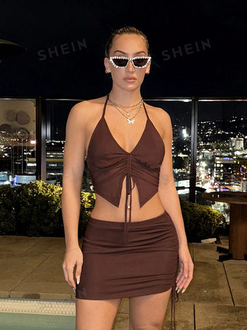 Music Festival Rave Solid Color Halterneck Drawstring Top And Bodycon Y2k Mini Skirt Summer Sets