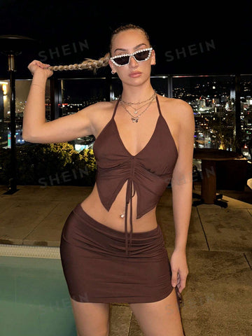 Music Festival Rave Solid Color Halterneck Drawstring Top And Bodycon Y2k Mini Skirt Summer Sets