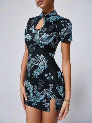 New Chinese Style Vintage Qipao Dress With Dragon Pattern, High Waist And Side Slit, Suitable For Elderly Women, Random Print SKU: sz2404129757552498