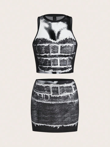 Pattern Printed Cropped Tank Top And Skirt Set