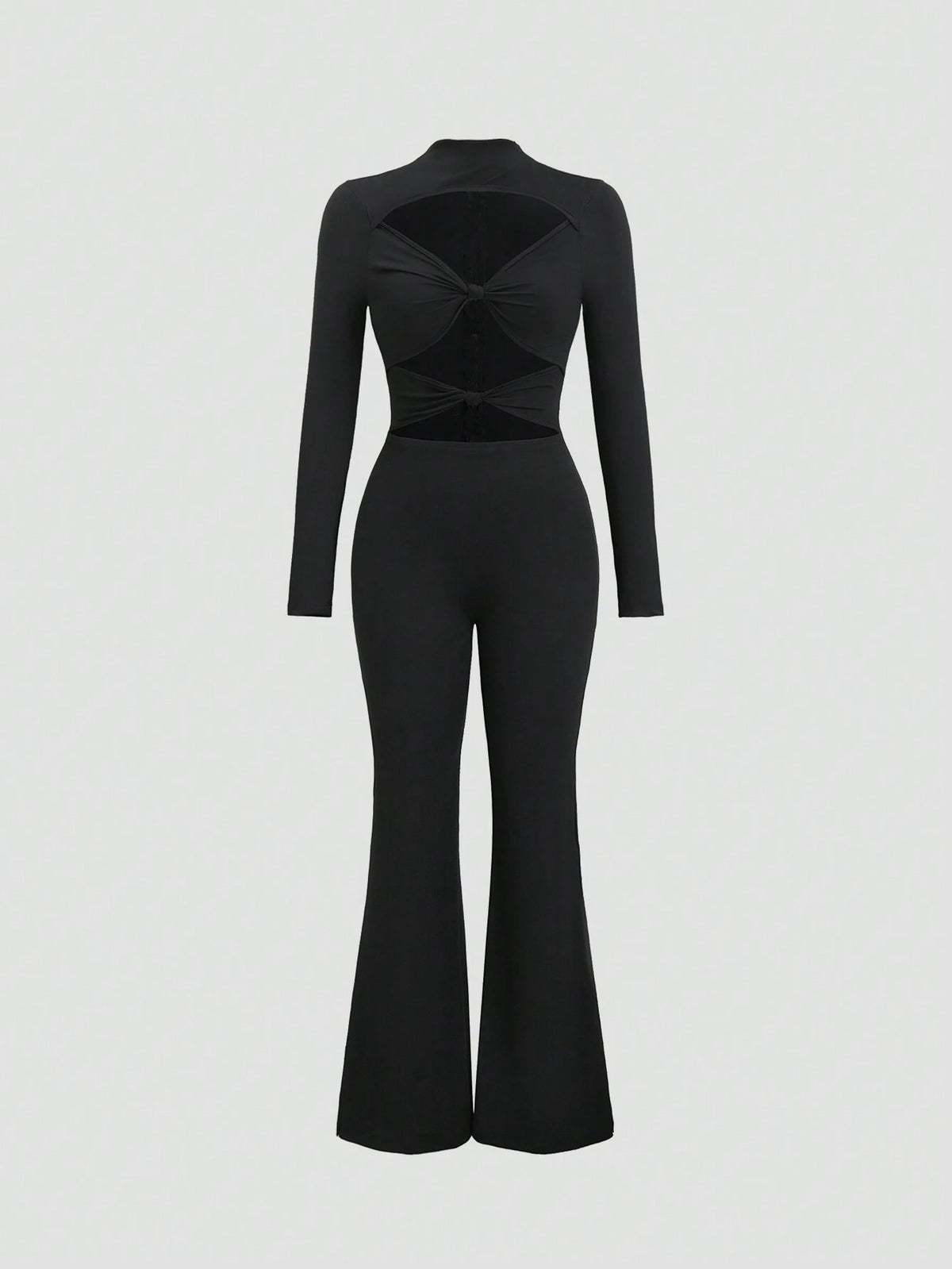 Plain Color Zipper Back Front Twist Hollow Long Sleeve Jumpsuit