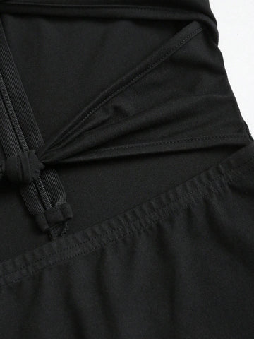 Plain Color Zipper Back Front Twist Hollow Long Sleeve Jumpsuit