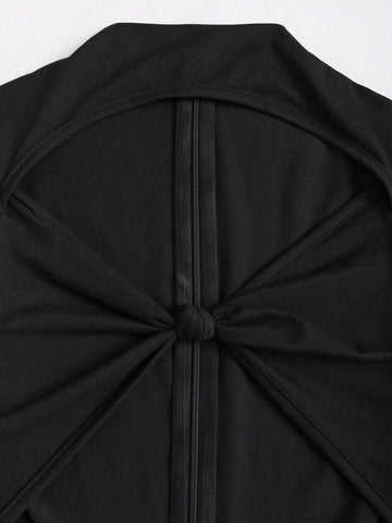 Plain Color Zipper Back Front Twist Hollow Long Sleeve Jumpsuit