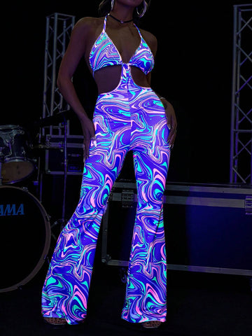 Printed Hollow Out Spaghetti Strap And Flared Jumpsuit