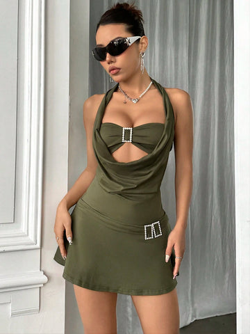 Rhinestone Embellished Metal Button Hollow Out Halterneck Dress