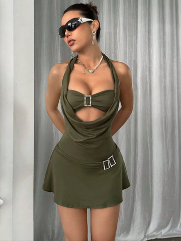 Rhinestone Embellished Metal Button Hollow Out Halterneck Dress
