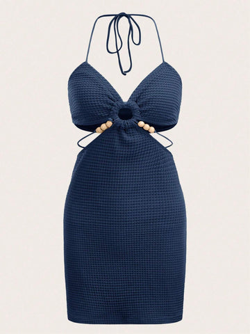 Ring Linked Bead Detail Tassel Tie Backless Halter Bodycon Dress