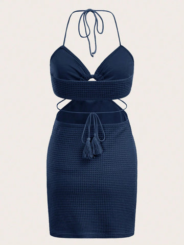 Ring Linked Bead Detail Tassel Tie Backless Halter Bodycon Dress
