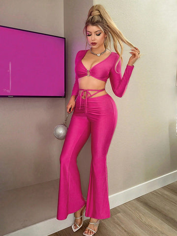 Round Ring Detail Cropped Top And Flared Pants Set