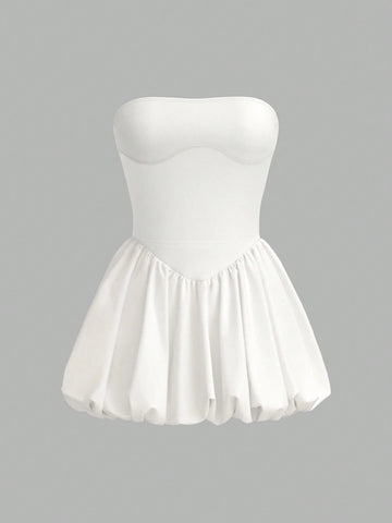 Satin Bubble Hem Bandeau Y2K White Black Homecoming Halloween Off Shoulder Bubble Dress