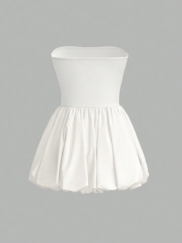 Satin Bubble Hem Bandeau Y2K White Black Homecoming Halloween Off Shoulder Bubble Dress