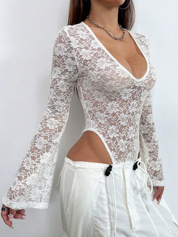 See-Through Lace High Leg Cut Bell Sleeve Jumpsuit