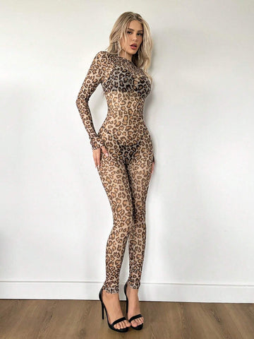 Sexy Leopard Print Semi-Sheer Printed Y2k Halloween Costume Women Leopard Mesh Bodycon Jumpsuit