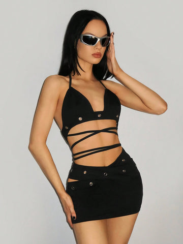 Sexy Two Piece Set Halter Bra Strap, Backless Tank Top, Low Waist Grommet Decor Mini Skirt 2-Piece Set