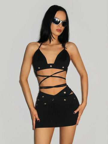 Sexy Two Piece Set Halter Bra Strap, Backless Tank Top, Low Waist Grommet Decor Mini Skirt 2-Piece Set