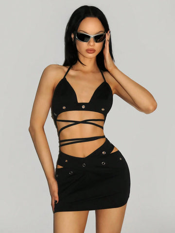 Sexy Two Piece Set Halter Bra Strap, Backless Tank Top, Low Waist Grommet Decor Mini Skirt 2-Piece Set
