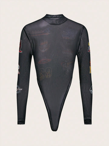 Sheer Mesh Perspective Text Print Sexy Bodysuit
