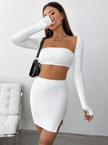Shortened Long Sleeve T-Shirt & Slit Mini Skirt Two Piece Set