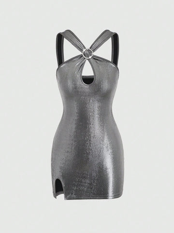 ICON Sleeveless Dress With Front Cut-Out & Rhinestone Decorated Rings