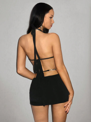 Slim Fit Hollow-Out Crossed Twisted Knot Waist Chain Decorated Sparkling Rhinestone Necklace Mini Dress