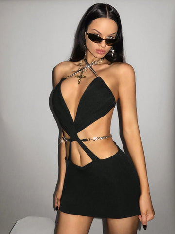 Slim Fit Hollow-Out Crossed Twisted Knot Waist Chain Decorated Sparkling Rhinestone Necklace Mini Dress