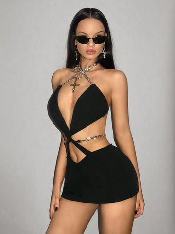 Slim Fit Hollow-Out Crossed Twisted Knot Waist Chain Decorated Sparkling Rhinestone Necklace Mini Dress