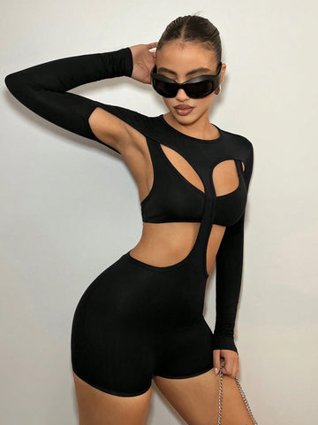 Slim Fit Hollow Out Long Sleeve Bodysuit With Shorts