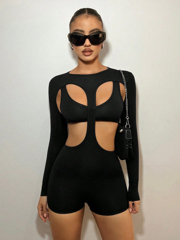 Slim Fit Hollow Out Long Sleeve Bodysuit With Shorts