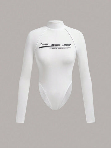 Slogan Graphic Raglan Sleeve High Cut Bodysuit