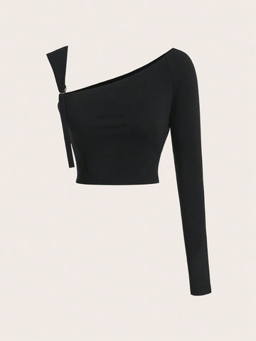 Solid Asymmetrical Neck Crop Tee