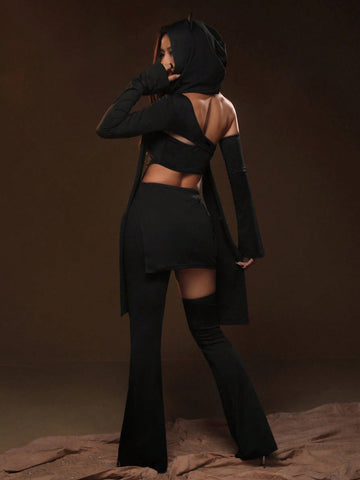 Solid Asymmetrical Neck Top & Flare Leg Pants & Hat