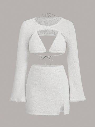 Solid Bra & Split Hem Skirt & Super Crop Pullover