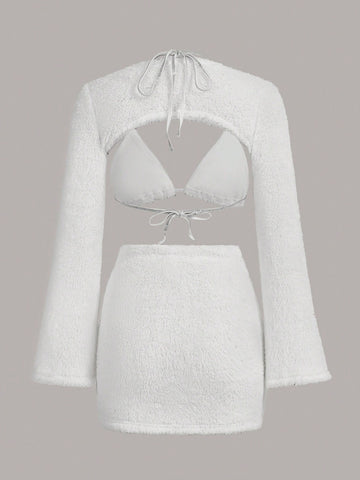 Solid Bra & Split Hem Skirt & Super Crop Pullover