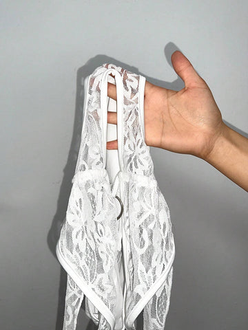 Solid Color Contrast Lace Backless Tie Back Sheer Sexy Bodysuit