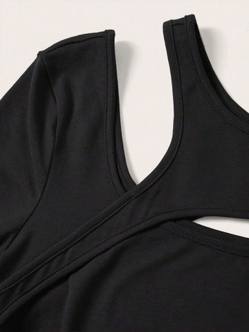 Solid Color Cropped Hollow Out T-Shirt
